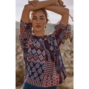 Pure Jill 100% cotton patchwork print pull over blouse size M